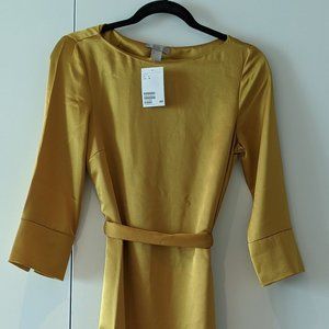 Fall Gold Satin Dress with Tie Belt Detail